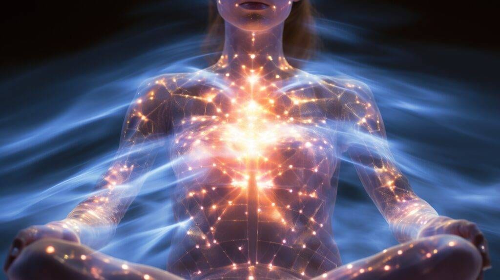 foto artificiale di dettaglio di corpo di una donna con l sistema nervoso interno evidenziato con la luce. Intorno al corpo si vedono gli aloni dei corpi sottili