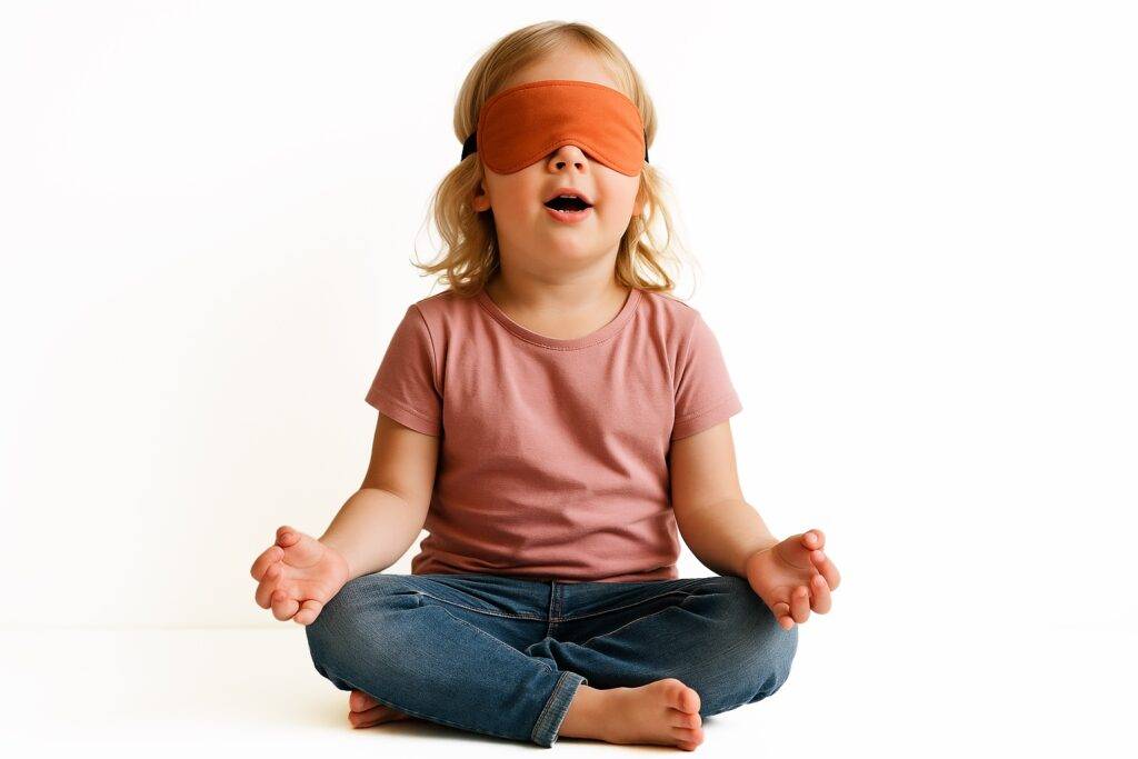 blonde little girl with a blindfold, sitting with an orange mask, practising Osho Devavani meditation.